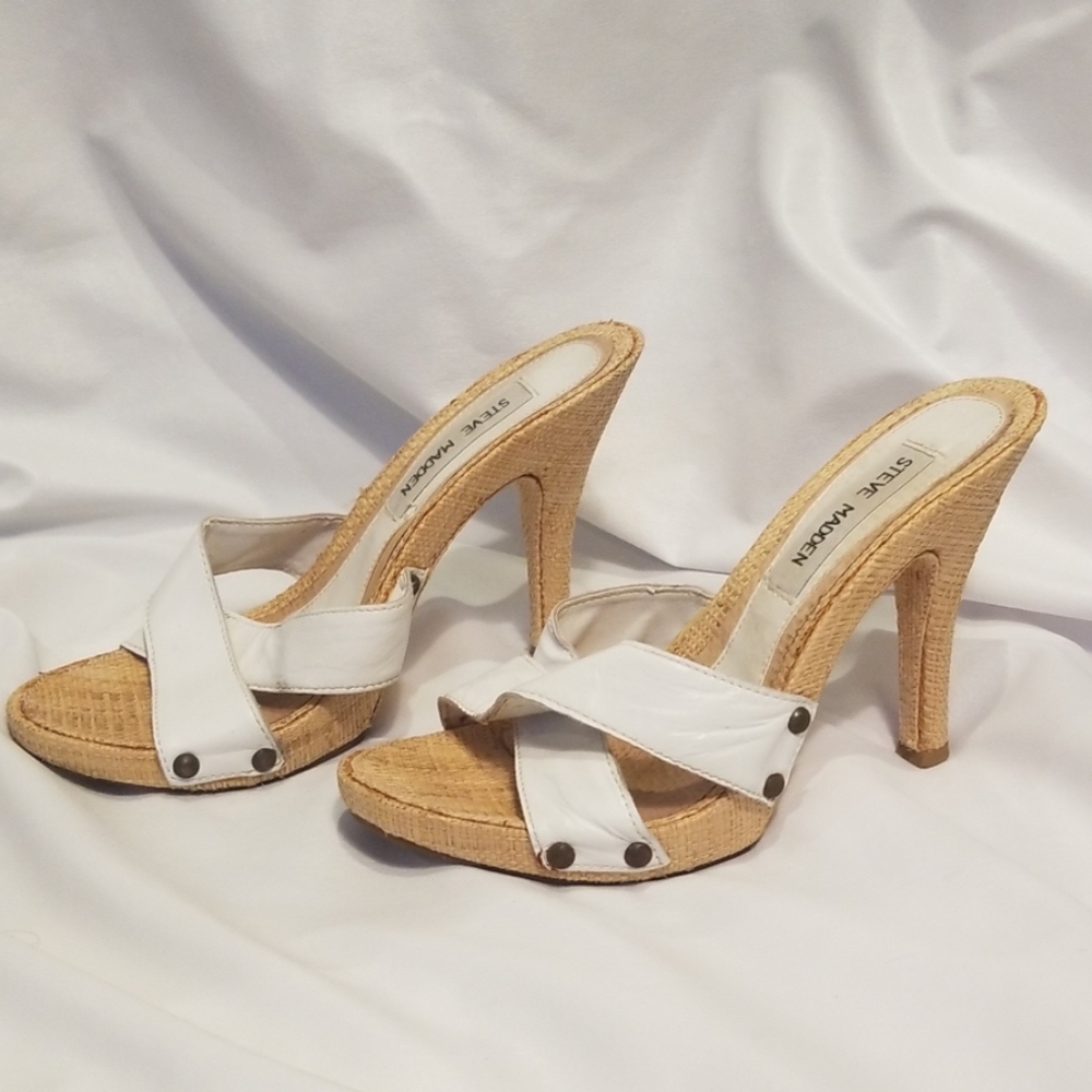 Steve Madden white leather & tweed 4 inch heels